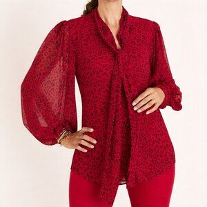 Chico’s Red Leopard Tie-Neck Blouse Size 3 (16) XL